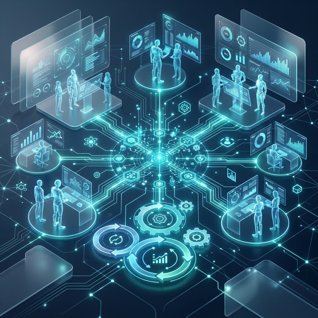 Sleek abstract visualization of an AI digital workforce and automated business intelligence