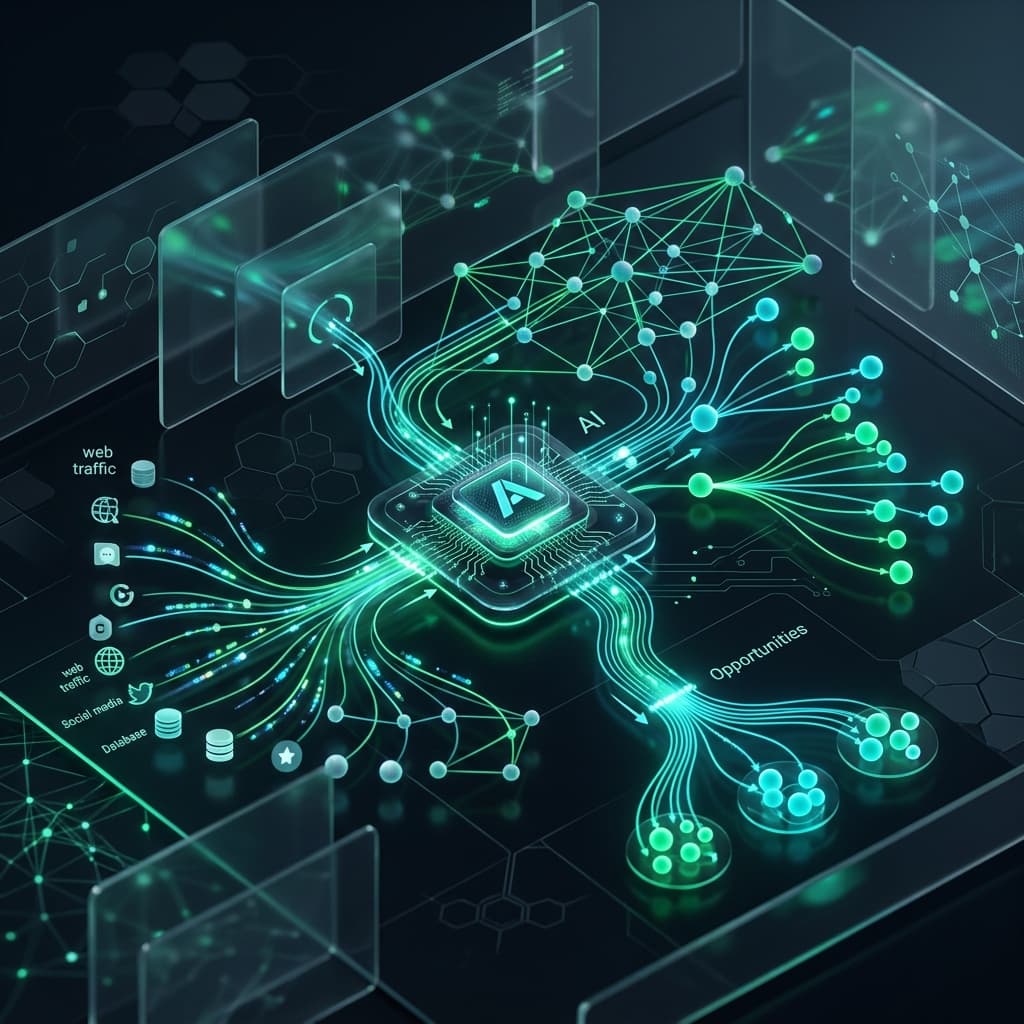 Visualization of an automated AI lead generation system with data pipelines and network mapping