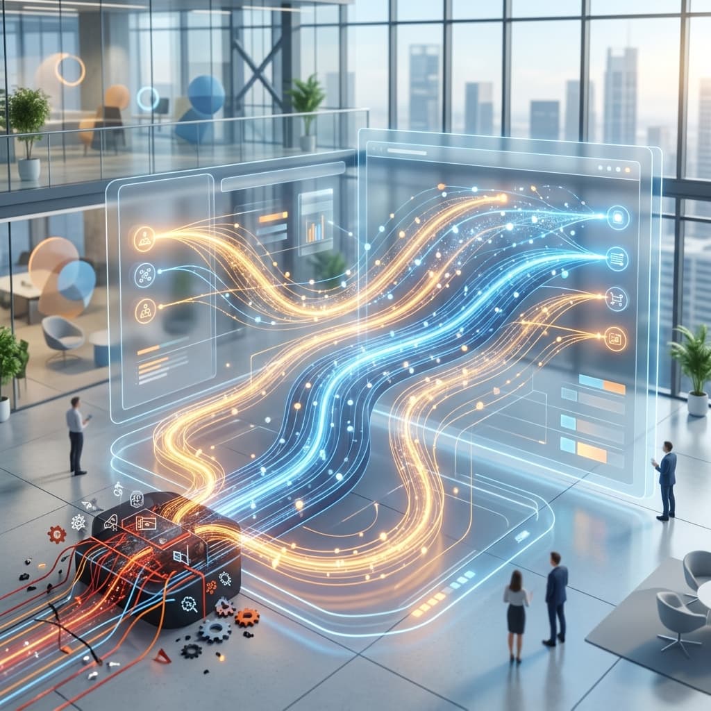 Abstract visualization of a streamlined business workflow bypassing bottlenecks with AI