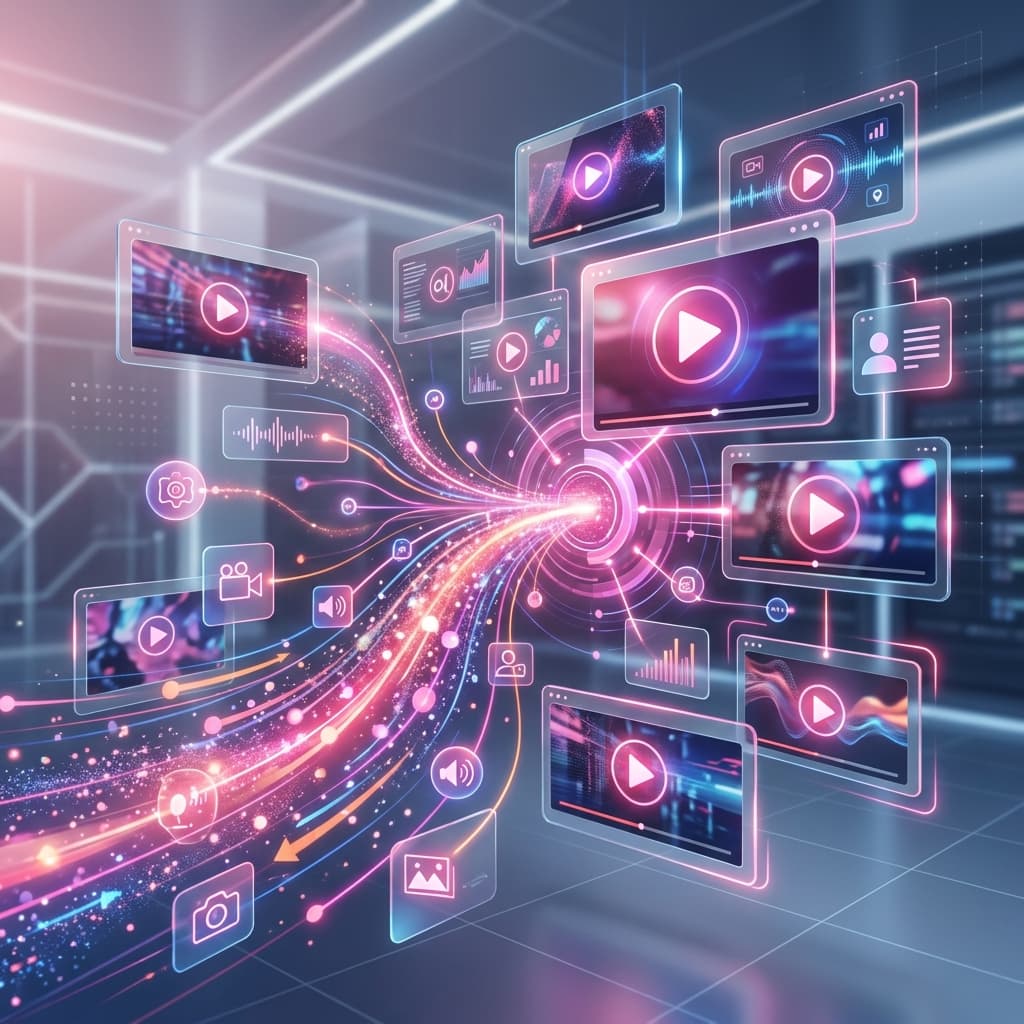 Dynamic visualization of AI video generation and multi-modal marketing with floating screens