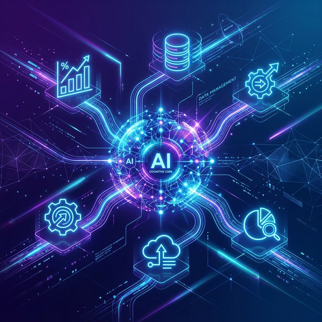 Sleek modern abstract visualization of AI integration bridges connecting models to business tools