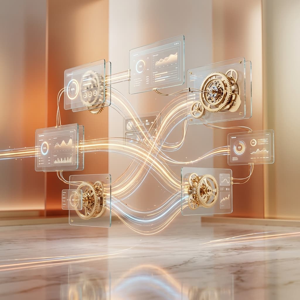 Sleek modern abstract visualization of business operations running on autopilot