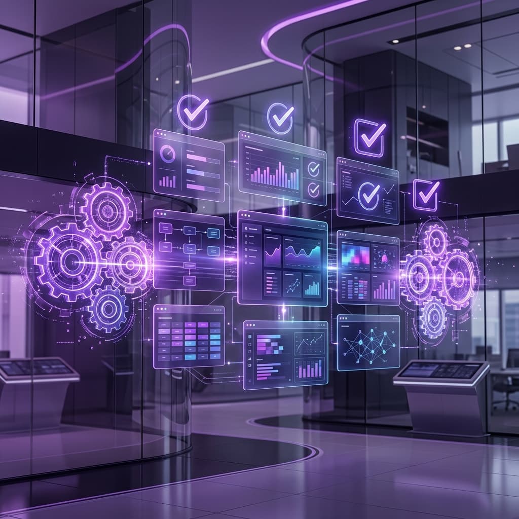 Sleek abstract visualization of an automated business operations control center with glowing checkmarks
