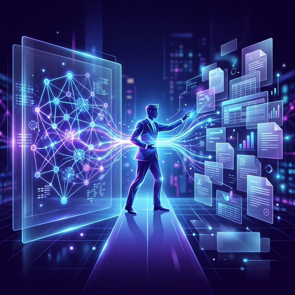 Abstract visualization of a Forward Deployed Engineer connecting complex AI models to everyday spreadsheets and legacy databases